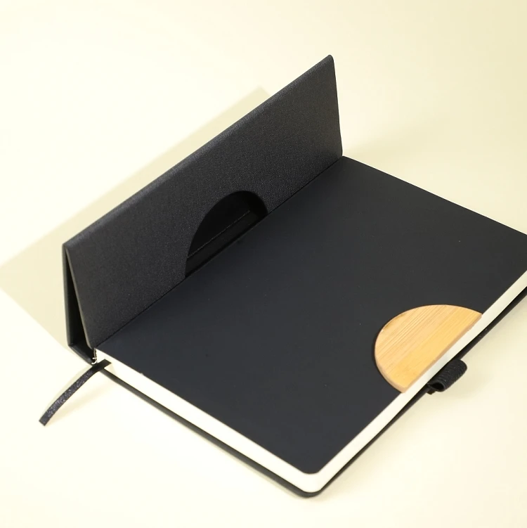 A5 Personalized Phone Stand Black Paper Bamboo Cover Business PU Leather Diary Custom Journal Notebook With Pen