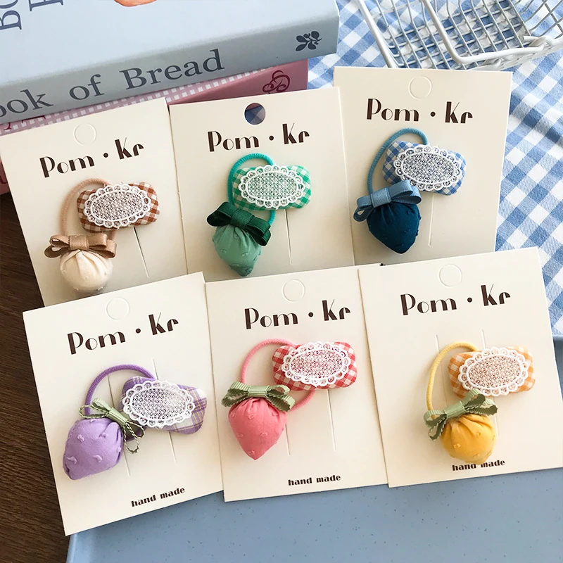 New Korean version of children's sweet fruit hair rope baby fabric plaid strawberry hair tie cute hair band rubber band set