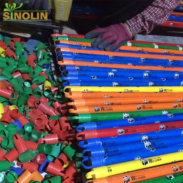 machine making plastic PVC coated colorful for wooden broom with handle stick and wood mop pole bucket cleaning floor dust pan