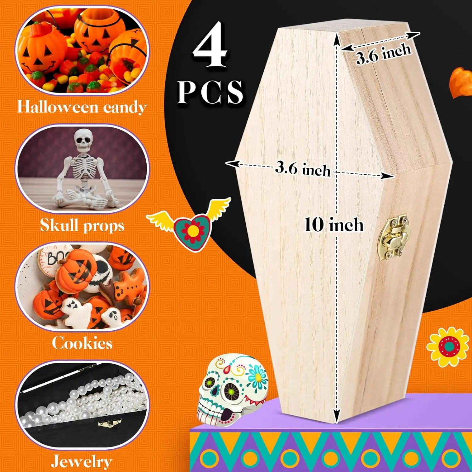 Pack of 4 Unfinished Halloween Wooden Coffin Shape Box with Hinged Lid for Snack Gifts Decorative Jewelry Basket Coffin