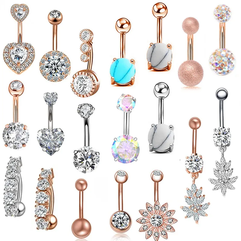 Honor Of Crysal 1PCS Crystal Belly Button Ring 14G Heart Belly Piercing Dangle Flower Navel Piercing Rose Gold Sexy Navel Bar Cute Belly Ring