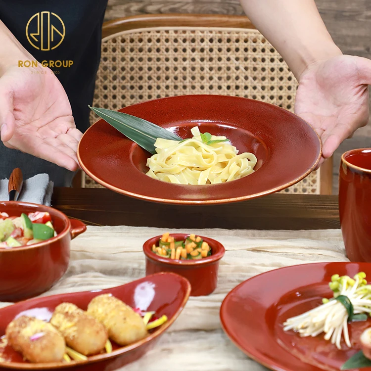 High Quality Chip Proof Porcelain Plates Red Color Tableware Set Practical Ceramic Dinner Dishes for Restaurant
