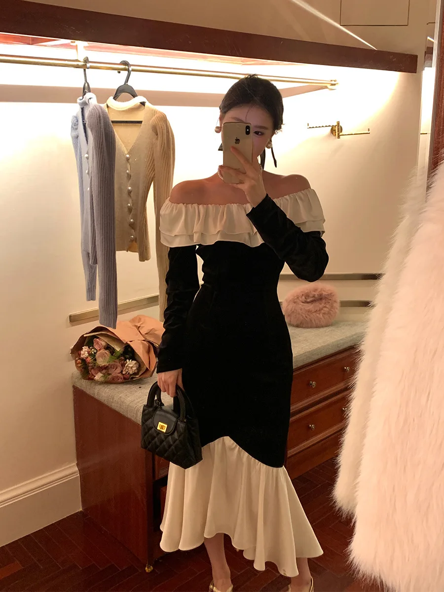 Winter slim-fit elegant elegant shoulder base velvet dress annual meeting fishtail long skirt