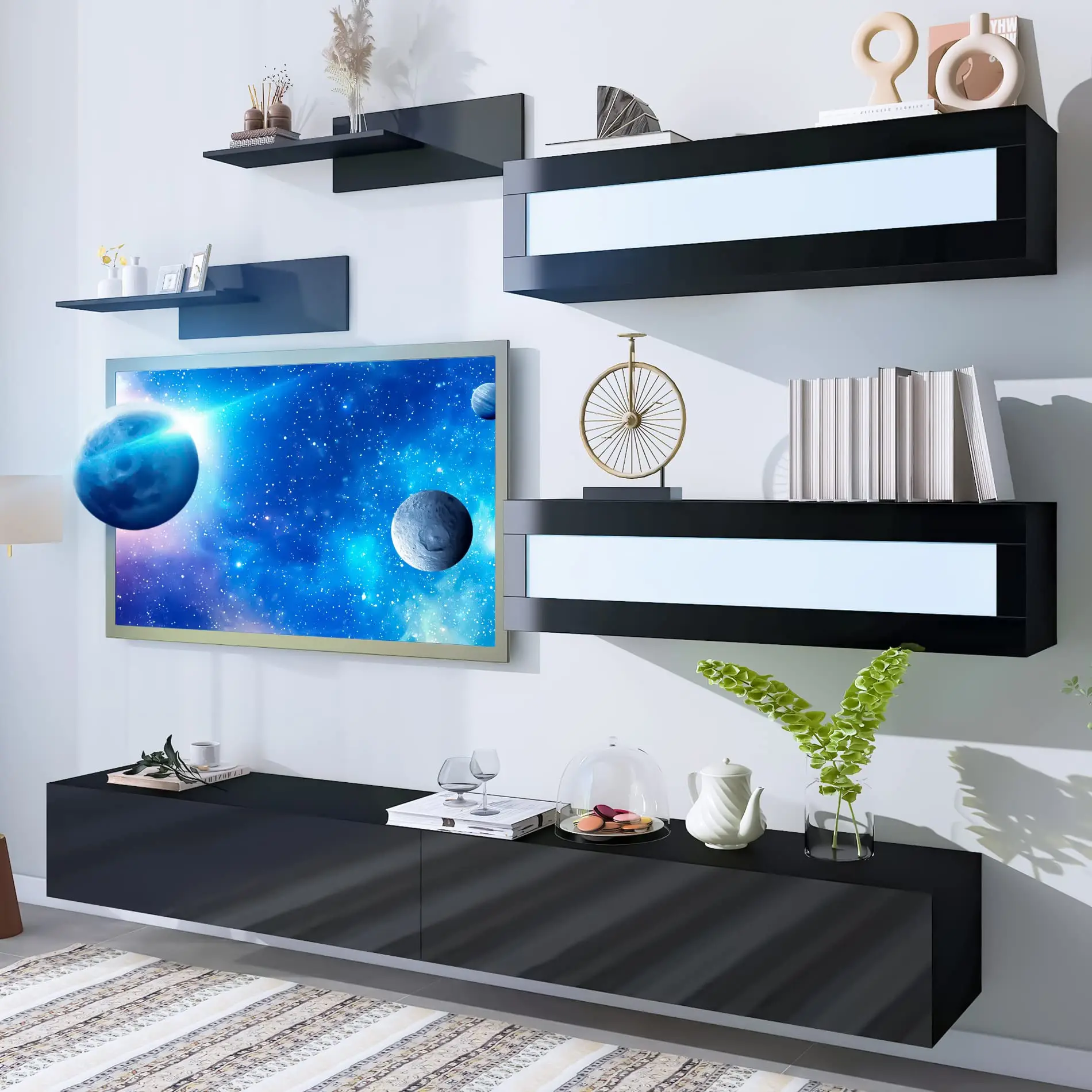 Modern Luxury Floating TV Stand Set High Gloss Wall Unit Entertainment Center with LED Lights Glass Panel for Living Room