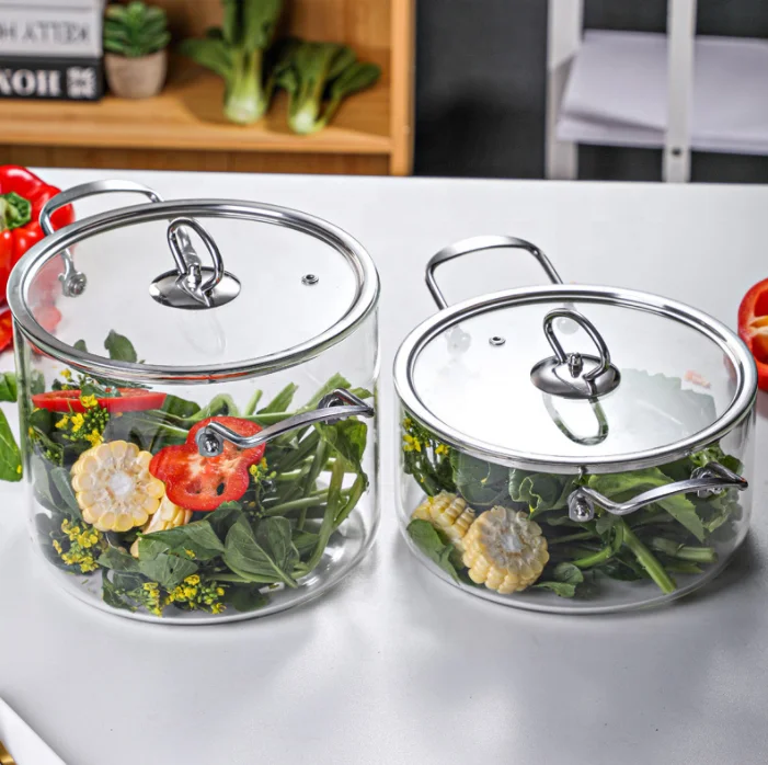 Hot selling big size clear double-ear cooking pot glass cookware set with stainless steel lid