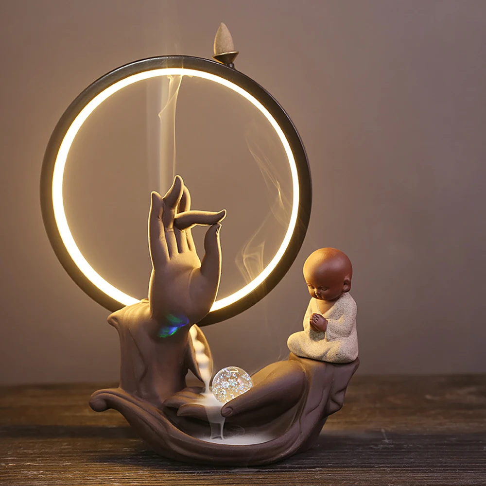 Ceramic Buddha Bergamot Backflow Incense Burner with LED Lamp Circle Sandalwood Holder Home Indoor Aroma Ornaments
