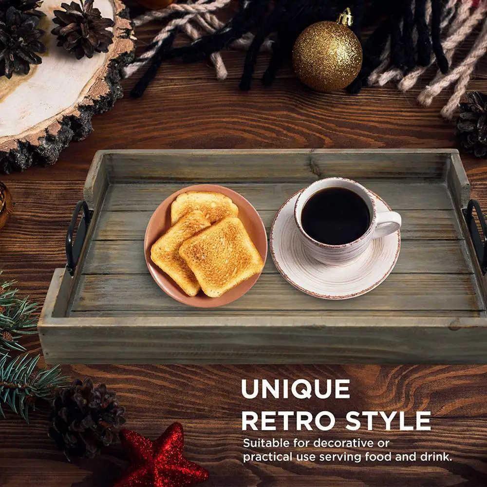 3 piece Decorative Nested Vintage Wood Serving Tray Set For Coffee Table or Ottoman