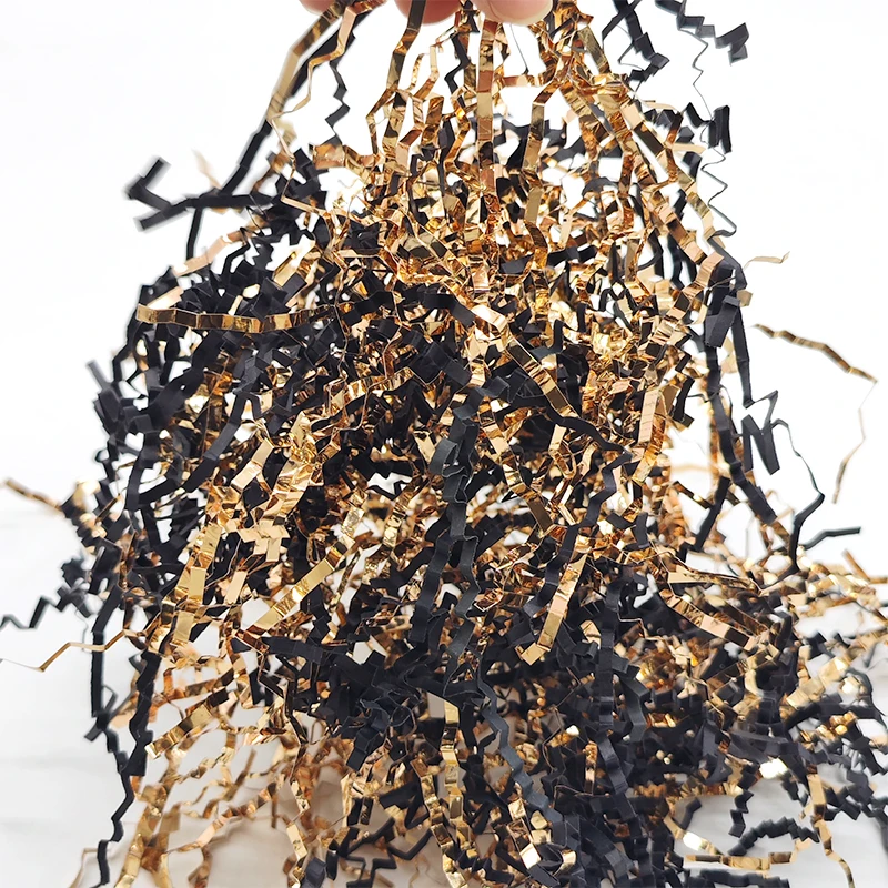 Customized color Packaging Shipping Champaign Gold Black Crinkle Cut Lafite Confetti Shredded Paper for Box Filling Decoration