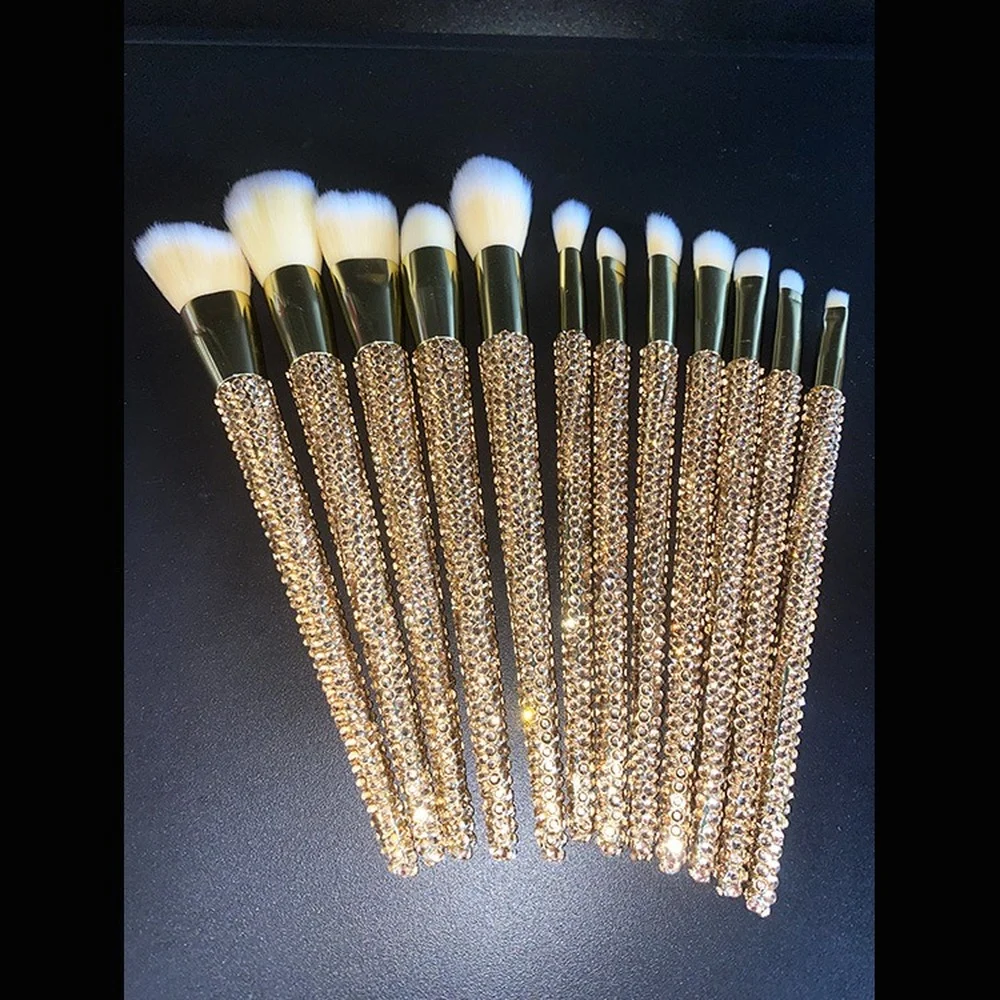 12Pcs Diamond-studded Makeup Brushes  Makeup Beauty Tools Full Diamond Loose Powder Repairing Brush Concealer Brush