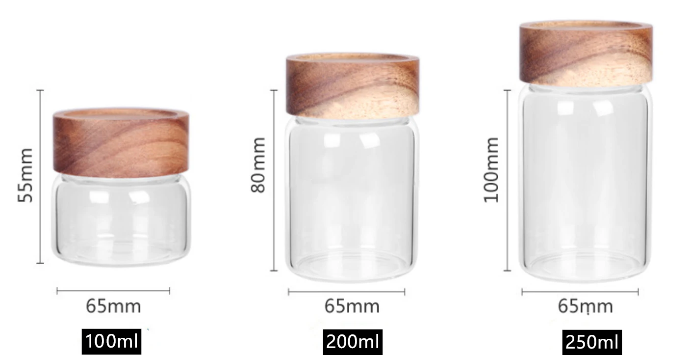 Wholesale High borosilicate glass jar food storage bottles with Acacia wood lid