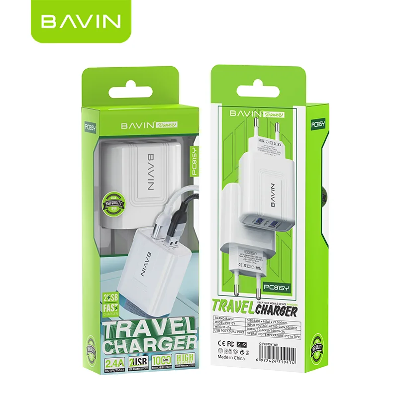 BAVIN Custom UK US EU Plug Home Use  Dual USB Port 5V 2.4A 12W Fast Charging Mobile Phone Wall Charger Travel Charger PC815Y