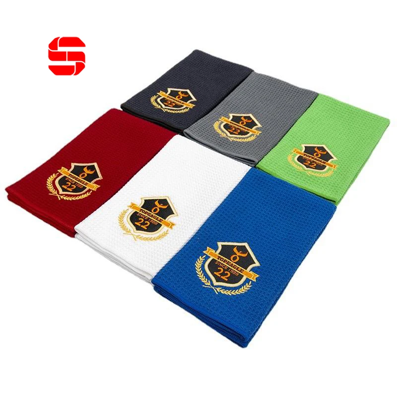 Custom Embroidery Logo Microfiber Waffle Printed Golf Ball Cleaning Towel Magnet Golf Towel with Grommet and Clip Hook