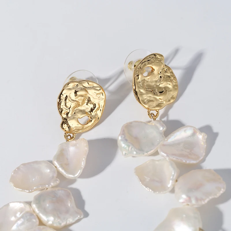 
Luxury brand earring gold plated flower petal Baroque Pearls Earrings for women with 925 silver 