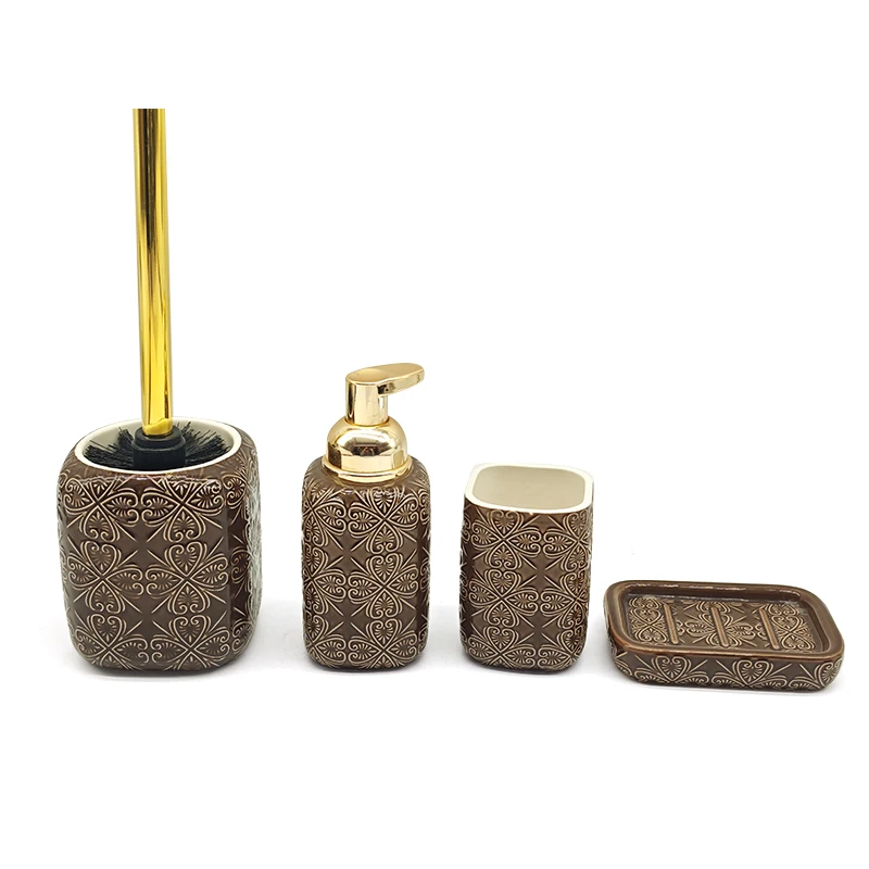 Simple Modern Design Customizable Ceramic Bathroom Set Retro Relief Flowers Bathroom Products Bathroom Accessories Set