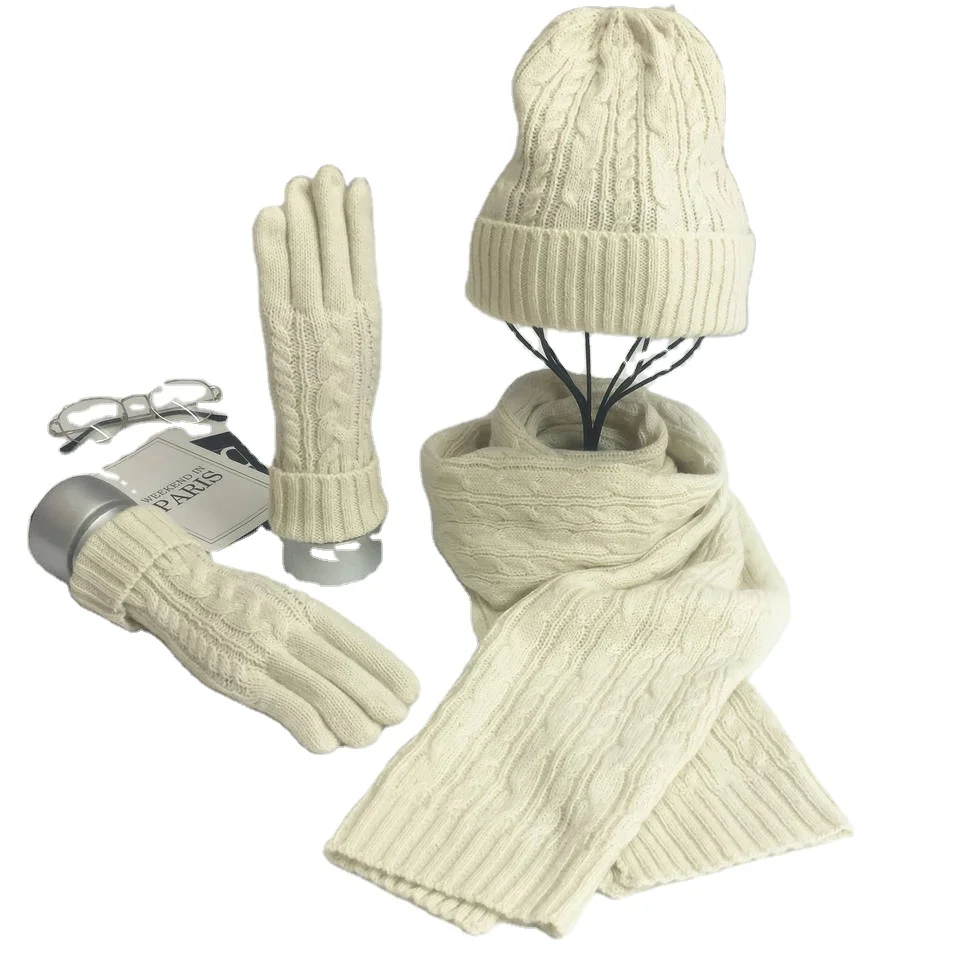 Hot Sale Chunky Winter Knit Warm Set Gift Scarf Glove Hat
