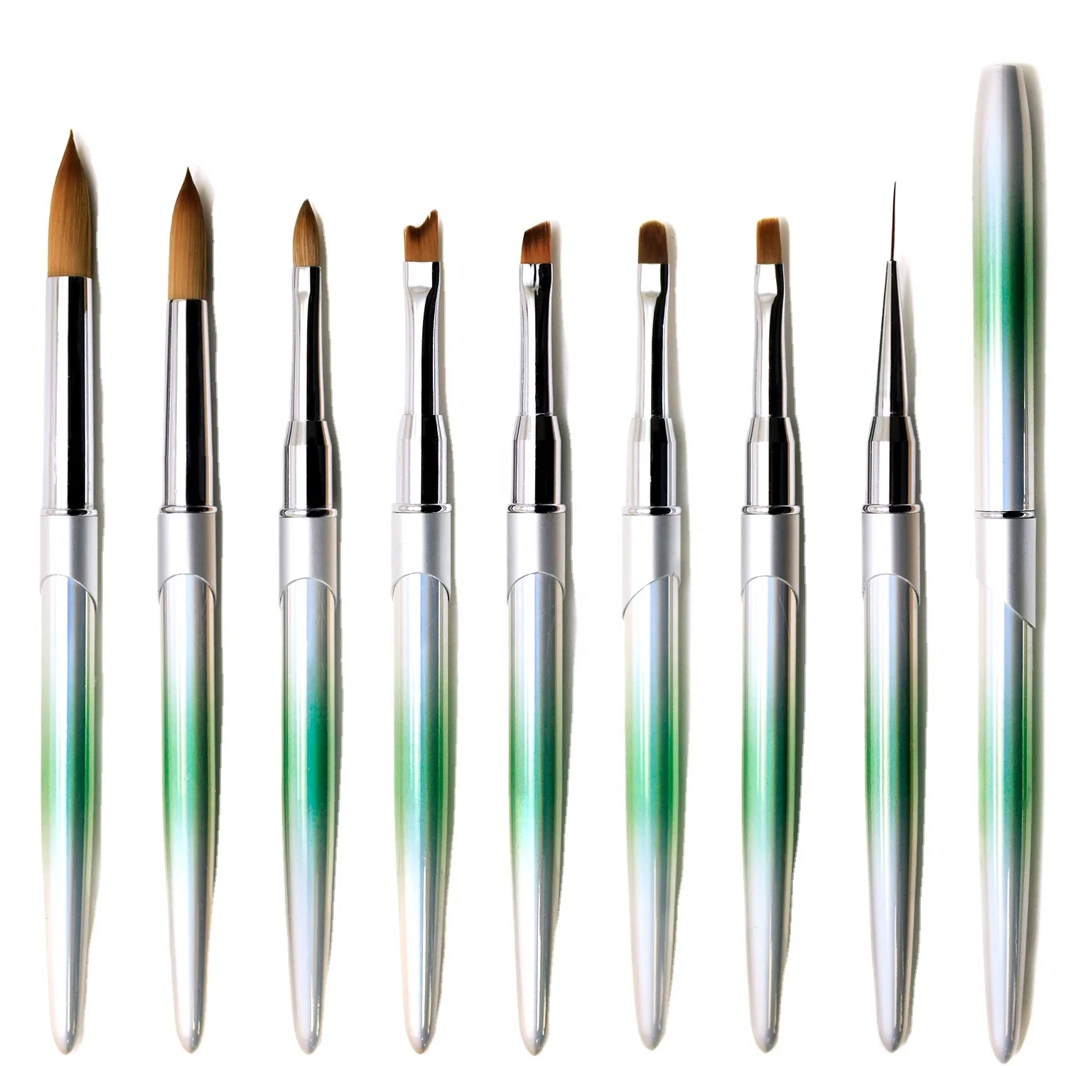 Custom Logo Green Gradient Metal Rod Nail Art Brush Set Liner Gel UV Kolinsky Acrylic Brush Nail Drawing Flower Pen For Manicure