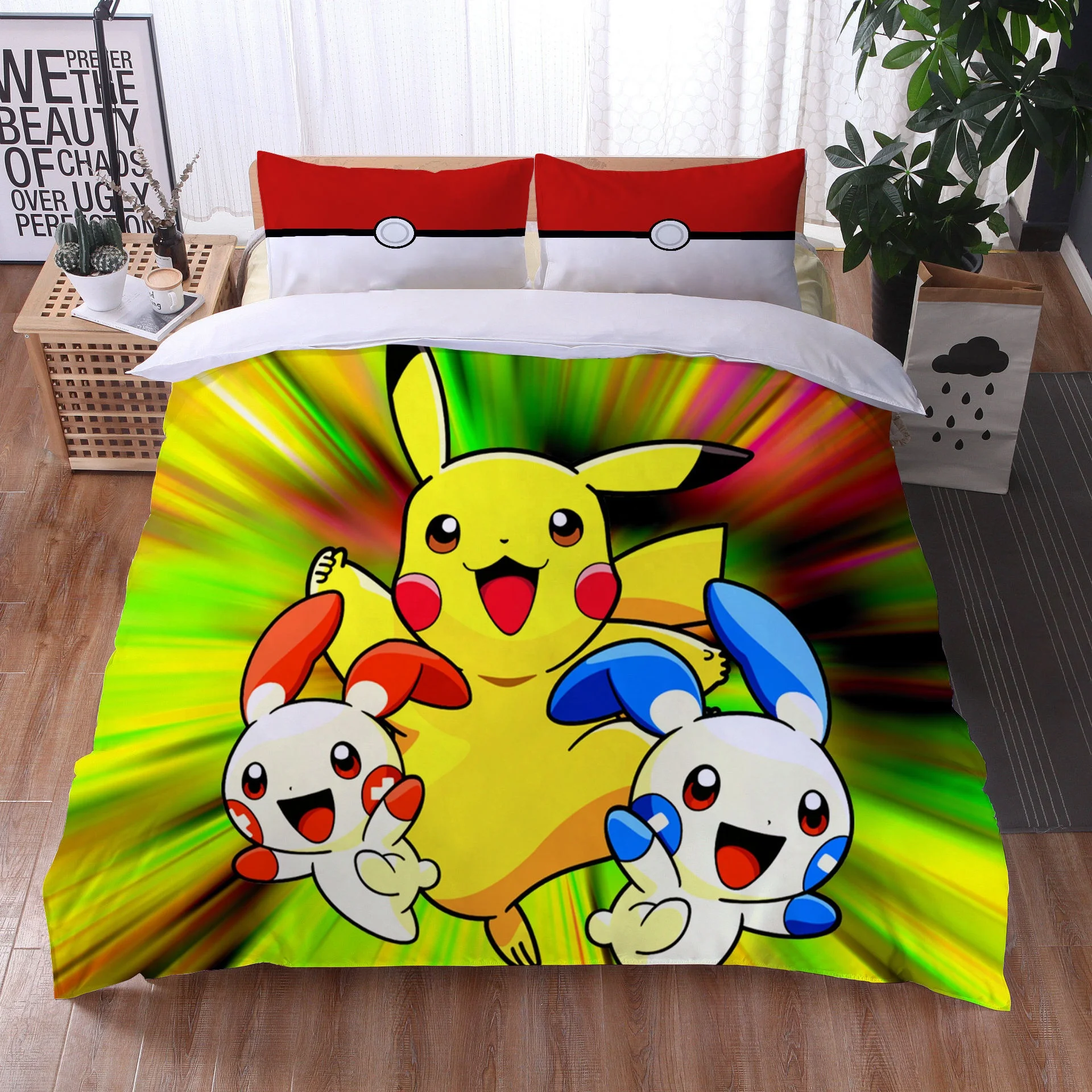 
2021 New designer pikachu poke mon bedsheet fabric Cute 3d cartoon characters polyester linen duvet covers bedding set for room 