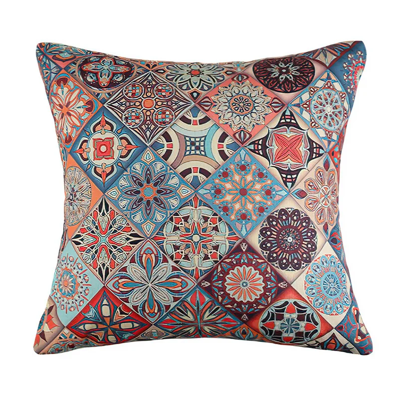 Custom Decorative Printed Linen Polyester Plush Square Throw Pillow Case Bohemia Couch Floor Cushion Covers  Pillow Cases