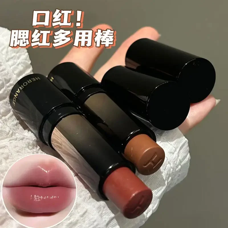 HERORANGE 6 Colors Blush Lipstick Dark Round Pipe Glossy Mirror Lipstick Lip Cheek Balm Sexy Red Solid Lip Stick
