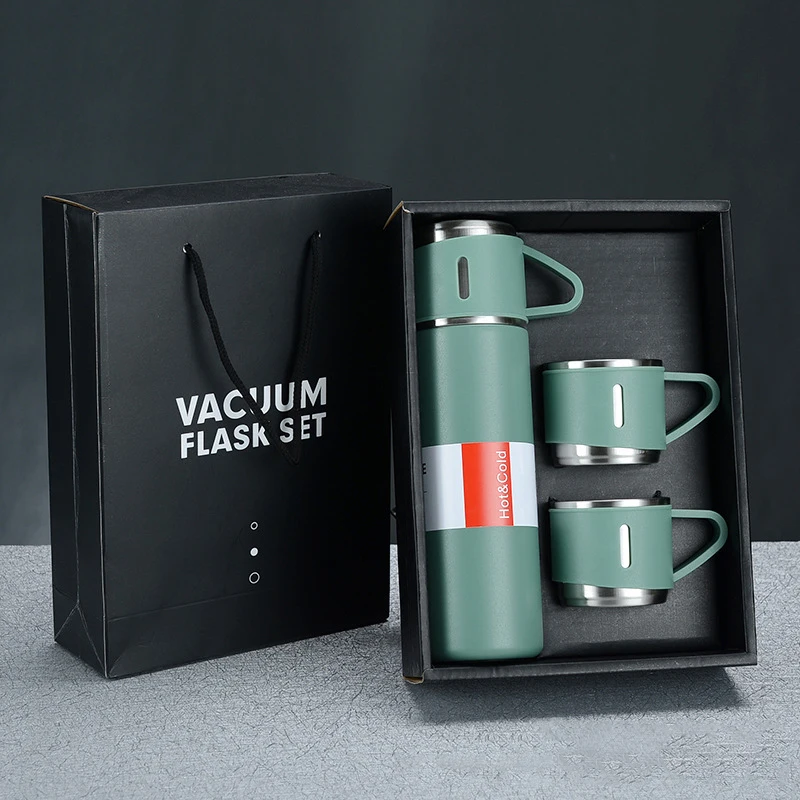 High Quality Business Custom Gift Logo 304 Stainless Steel Vacuum Thermos Set One Cup Two Lid Gift Box