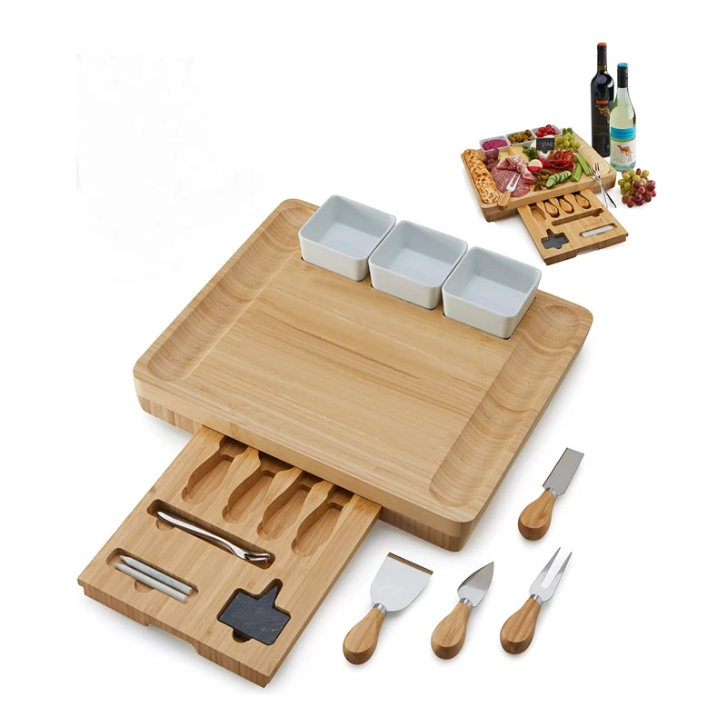 Charcuterie Cheese Board Natural Bamboo Platter with drawer and Ceramic Bowls Knives and Forks Set with Chalk Signs