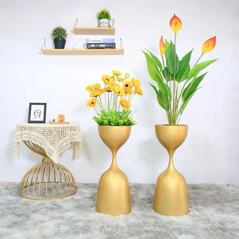 Iron flower pot stand simulation flower green plant potted indoor living room decoration metal flower bucket