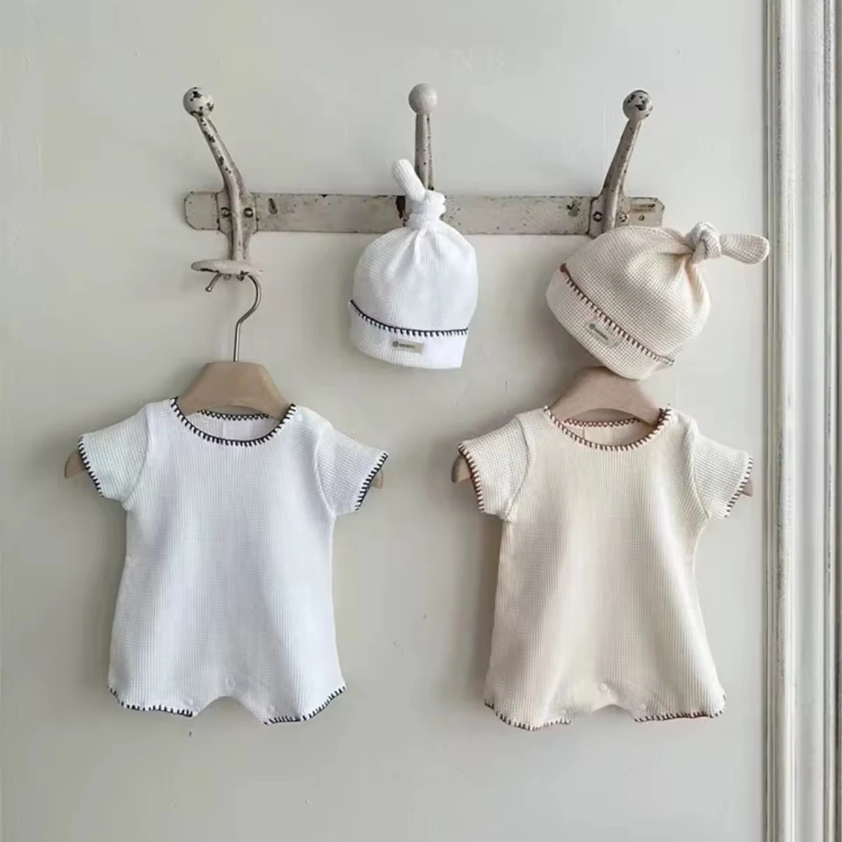 9453 Baby Romper O-neck Pullover Short Sleeves Jumpsuits Ribbed One Piece Clothes 3 To 6 Months Oversized Baby Romper