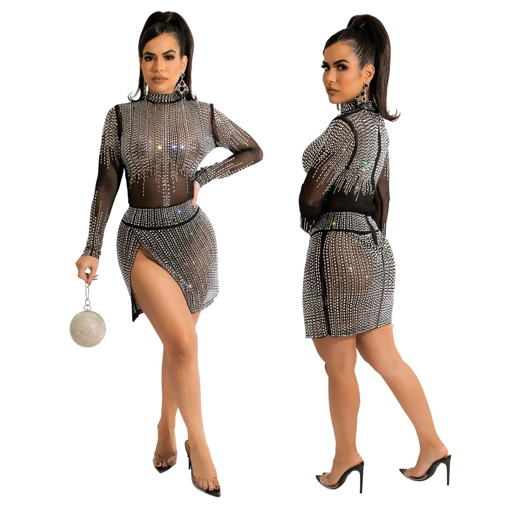 Женское Прозрачное платье для ночного клуба, сексуальное платье с разрезом и стразами без трусиков, новинка весны, модная женская одежда