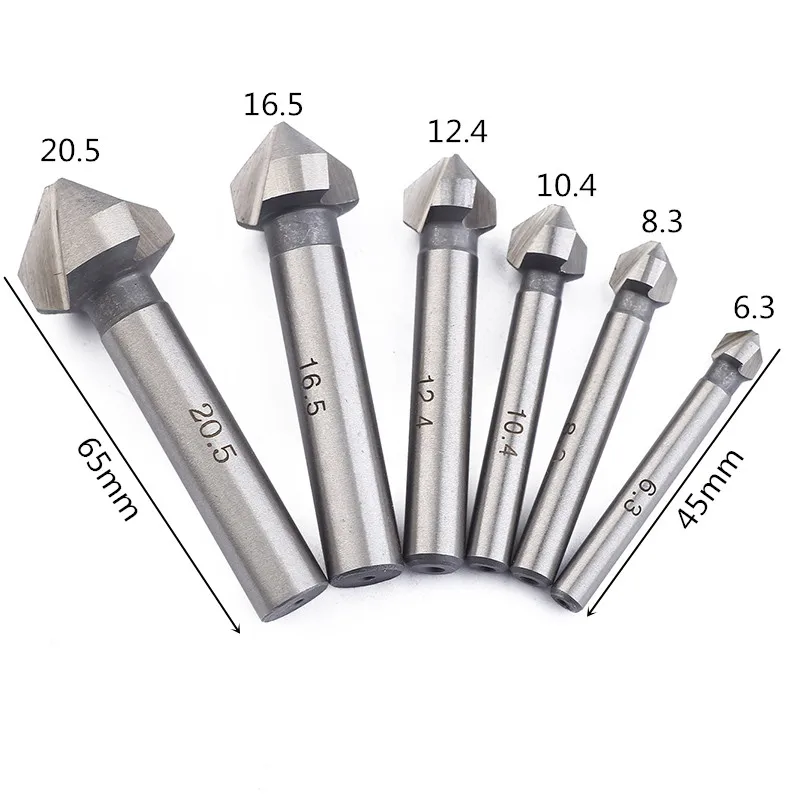 6pcs 3 Flute 90 degree HSS chamfer chamfering cutter end mill tool countersink drill bit set 6.3-20.5MM