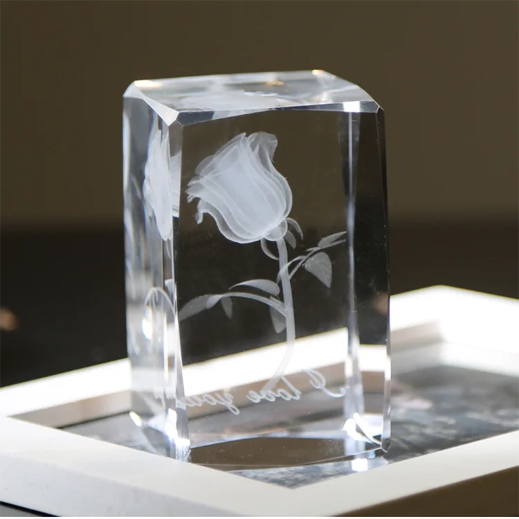 OEM / ODM 3D laser Crystal Rose cube & block with Led light base