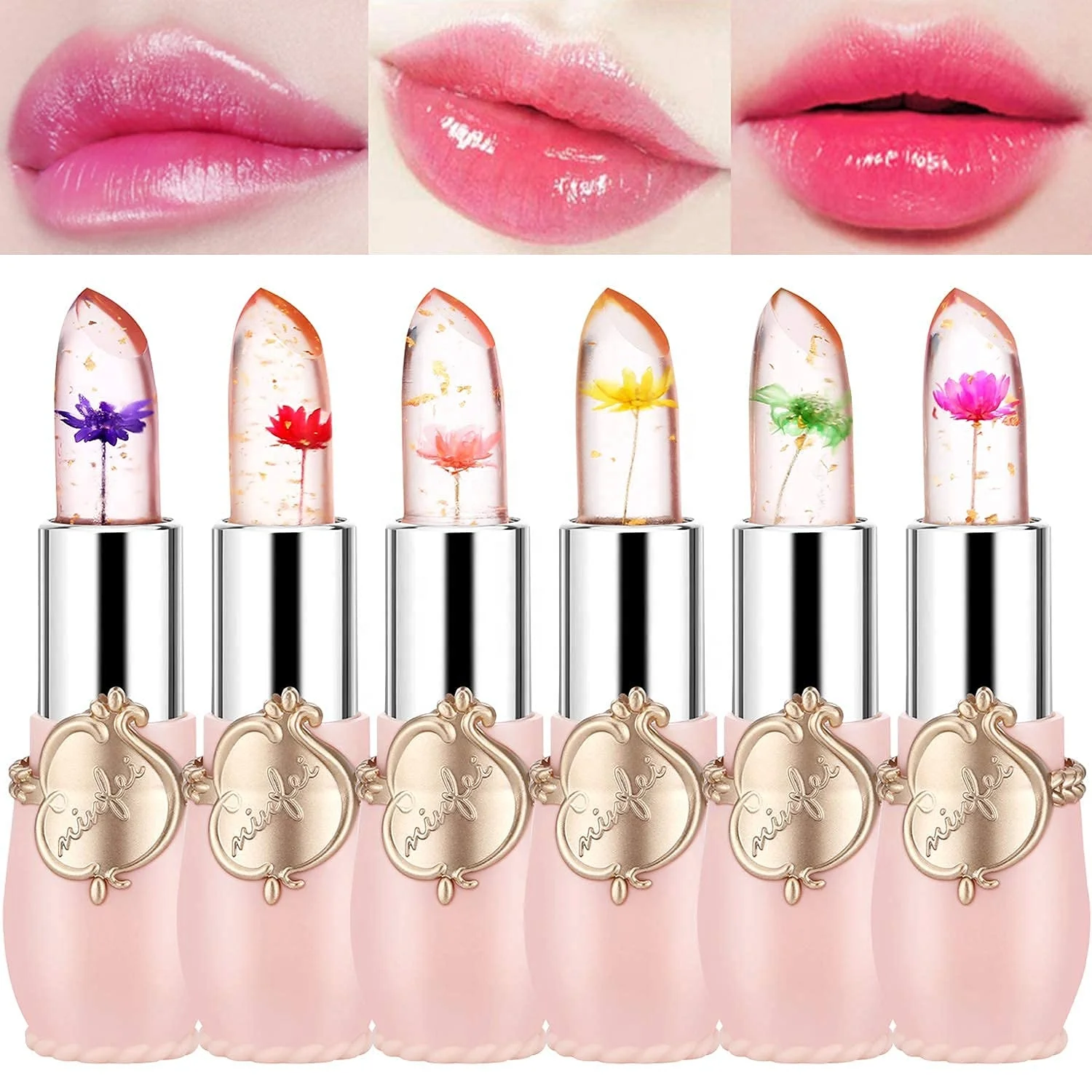 Pack of 6 Crystal Flower Jelly Lipstick,  Nutritious Lips Moisturizer Magic Temperature Color Change Lip Gloss (Pink)