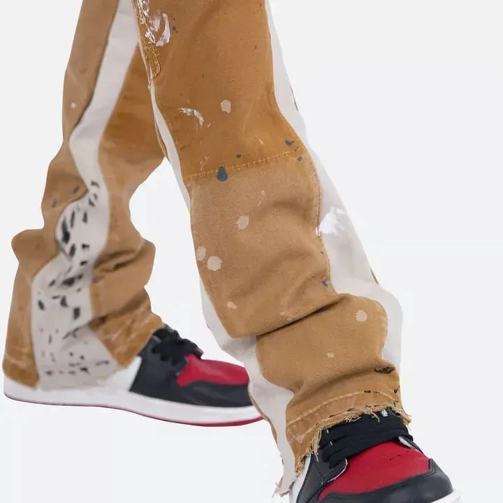 Wholesale Casual Paint Splatter Vintage Cargo Pant For Men Custom Mens Multi Pocket Cotton Flare Stacked Sweat Pants