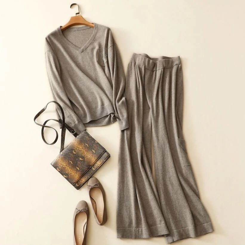 Factory Direct wholesale  OEM cashmere sweater women suits set 100% pure cashmere sweater twin set