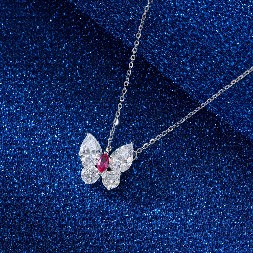 LZN08 RINNTIN Dainty Butterfly Chokers Necklace 925 Sterling Silver Created Ruby Diamond Pendant Necklaces for Women