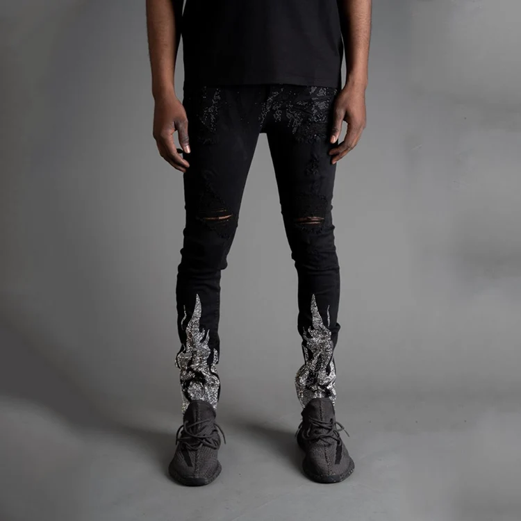 Мужские супер Стрейчевые джинсы 2021, стильные мужские брюки Jens, черные зауженные джинсы Savage с камнями в виде пламени