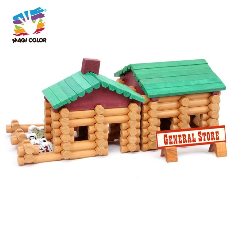 Customize educational DIY wooden log house building blocks set for kids W14G051