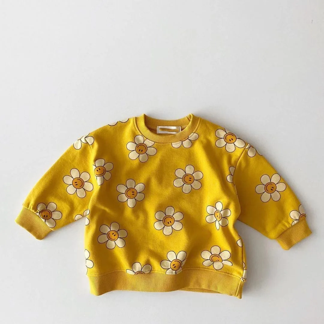 G1011087 child clothes wholesale kids clothing cool sweaters for Boys Girls Printed daisy Smile  Baby Sweatshirt hoodies