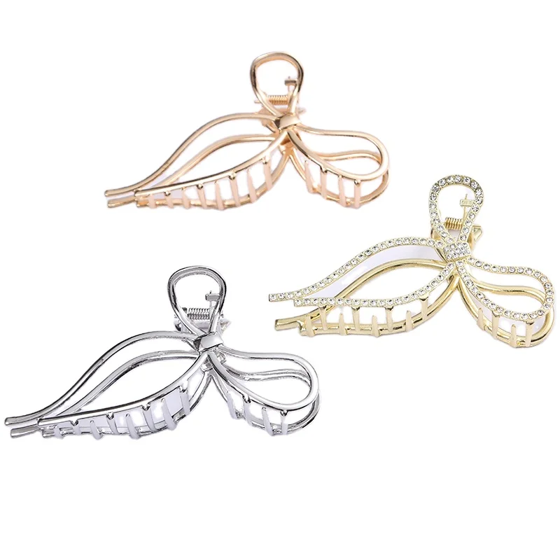 New Arrived High Horsetail Hair Clamp Korean Rhinestone Back Head Hair Clip Women Shark Clip Metal Bow Tie Shaped Hair Claw