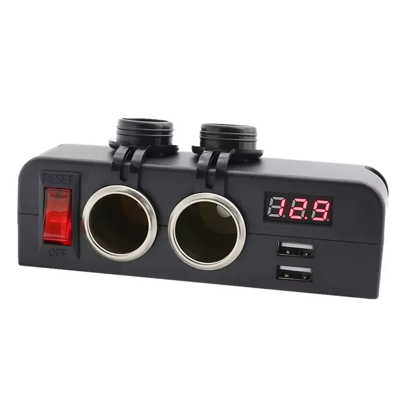 2 Sockets Cigarette Lighter Splitter Dual USB Car Charger DC Outlet Power Adapter with On Off Switch and Voltage Display