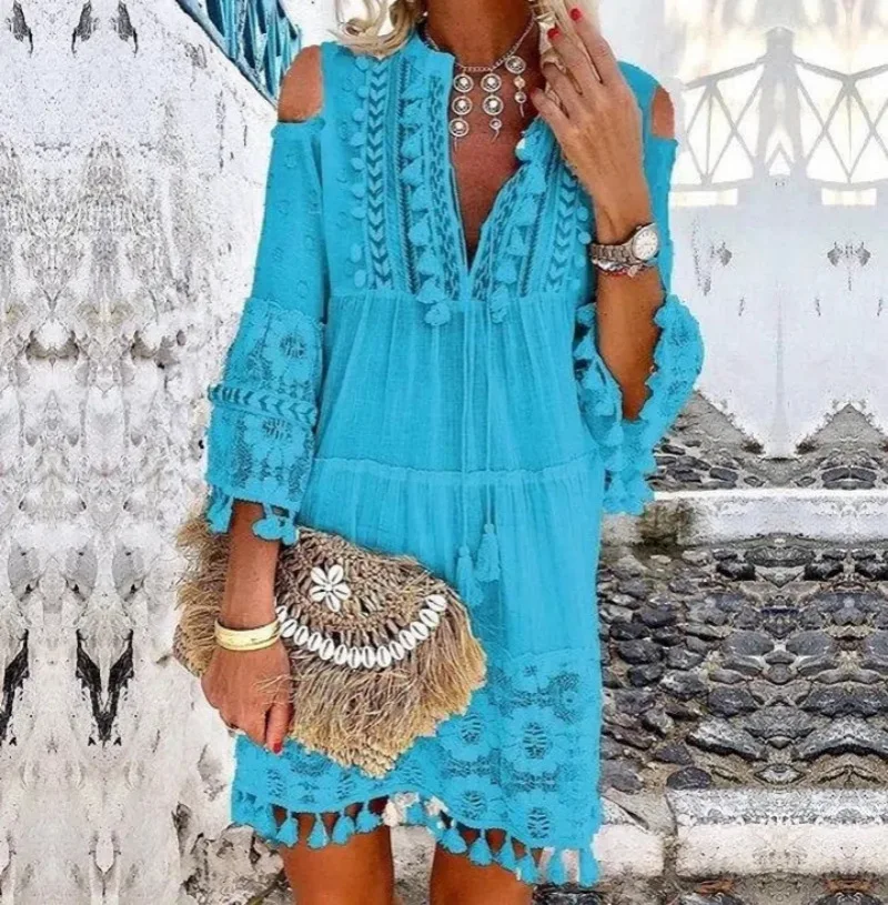 Causal 3/4 Sleeve V Neck Holiday Boho Dresses