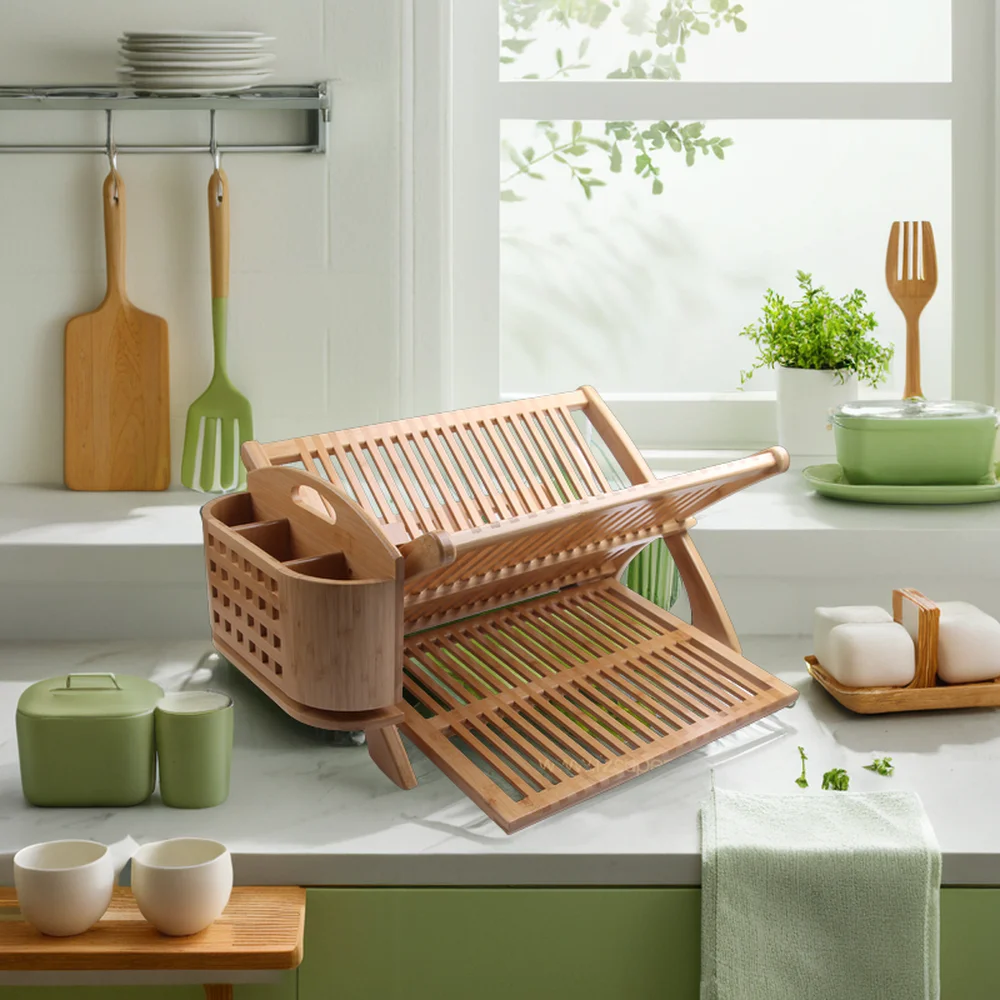 Double-Tiered Collapsible Bamboo Dish Drying Rack with Utensil Holder Durable Kitchen Storage for Sink OEM ODM Design