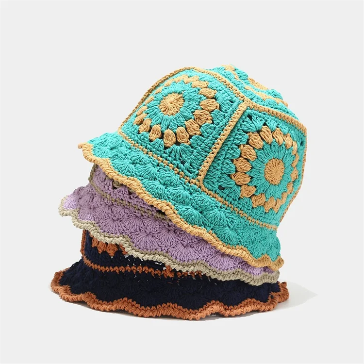 Custom Hollow Flower Winter Knitted Fisherman Cap Handmade Crochet Bucket Hat