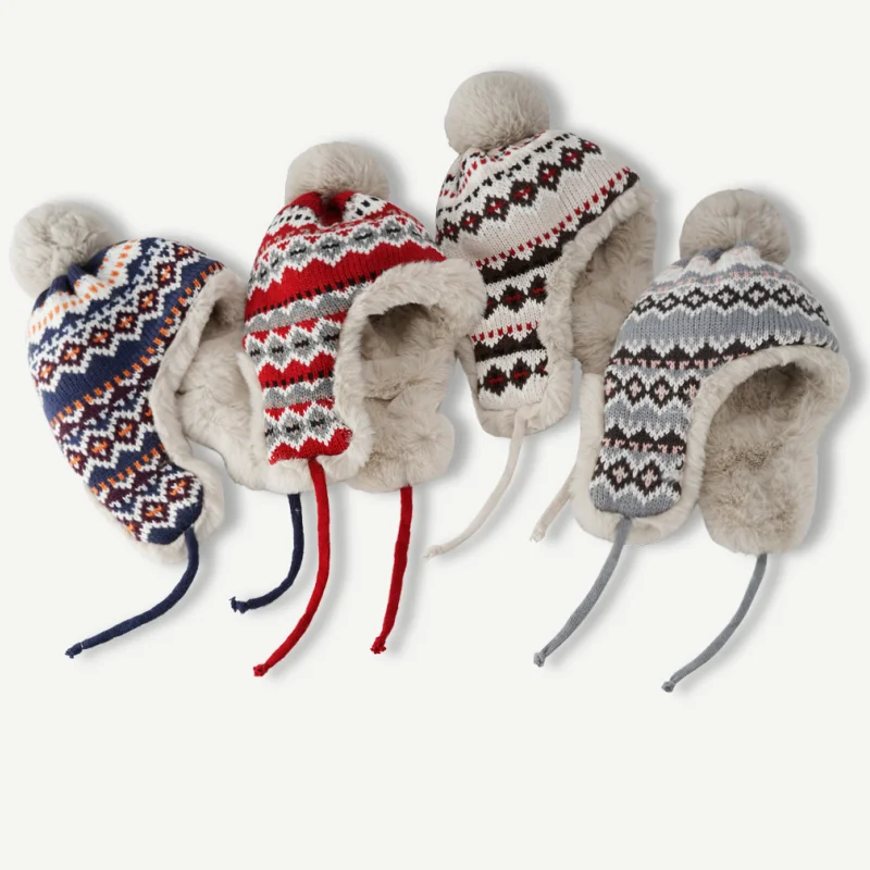 Winter Cycling Pom Hat With Warm Faux Fur Earmuffs Thick Plush Windproof Ear Protection Knitted Beanies Ski Cap Designer Logo
