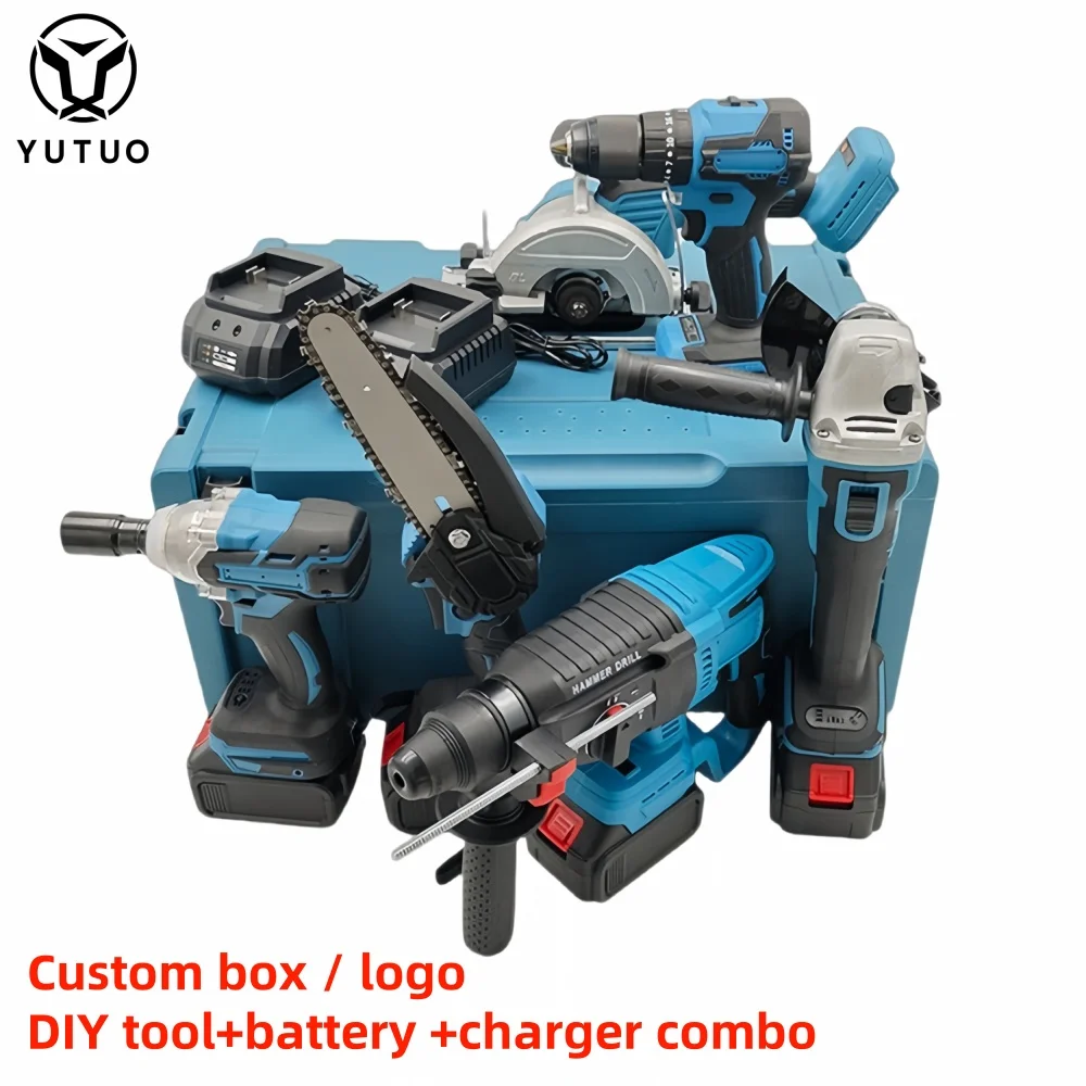 YUTUO manufacturer 6 in 1 6pcs/set li-ion lithium battery plastic box cordless brushless electric tool combo kit power tool set