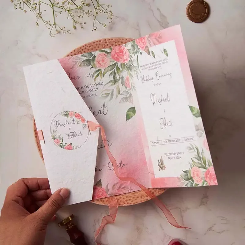 custom biodegradable Handmade paper wedding card printing name personalized ECO wedding invitation cards
