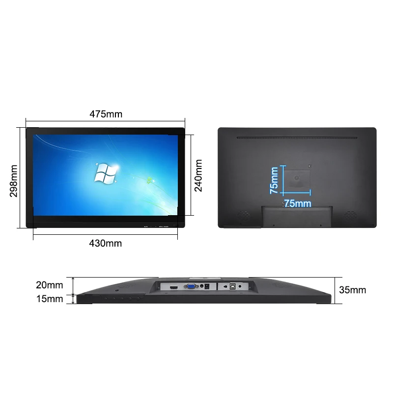 IP65 industrial display 21.5 inch Black Waterproof Wall Mount lcd tft touchscreen/non-touch industrial grade lcd monitor