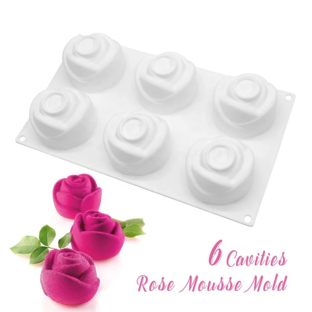 2 in 1 Valentine 6 Cavities rose Flower Silicone Cake Mold Non-stick Round Baking Mold for Soap, Chocolate, Cupcake, Pie