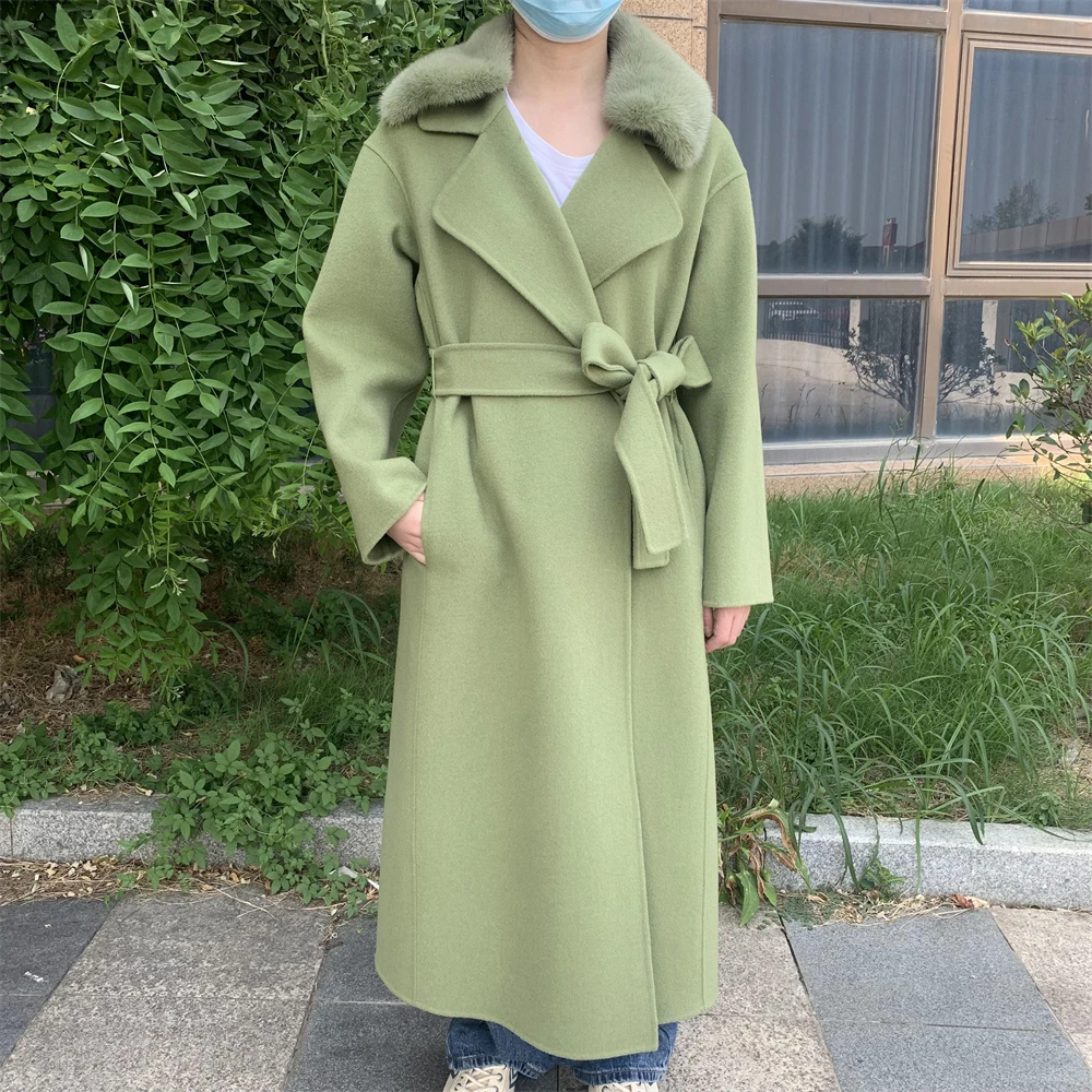 Hot Sale High Quality Warm Thick Cashmere Coat With Real Mink Fur Collar Wholesale Winter Long Wool Coat Women