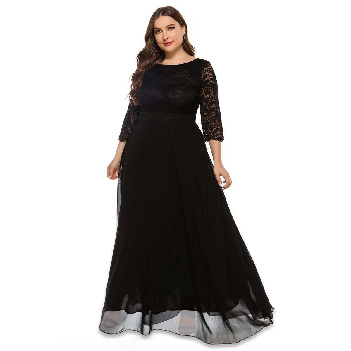 BOJIN ODM&OEM Women Dress Large Size New Lace Evening Dress Solid Long Sleeve Elegant Dress for Women