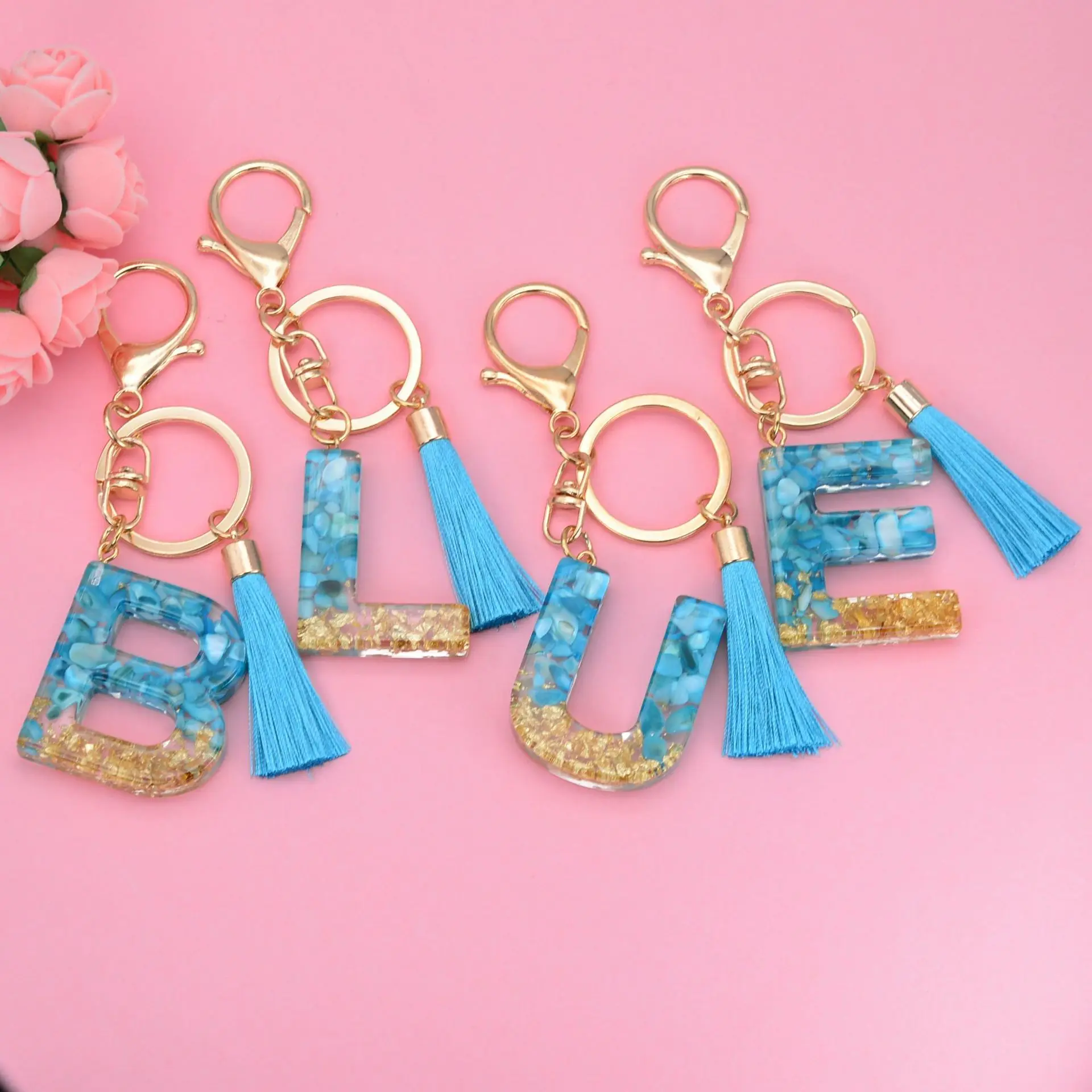 26 English resin letter keychain glitter keyring tassel key chain macrame acrylic initial alphabet keychain